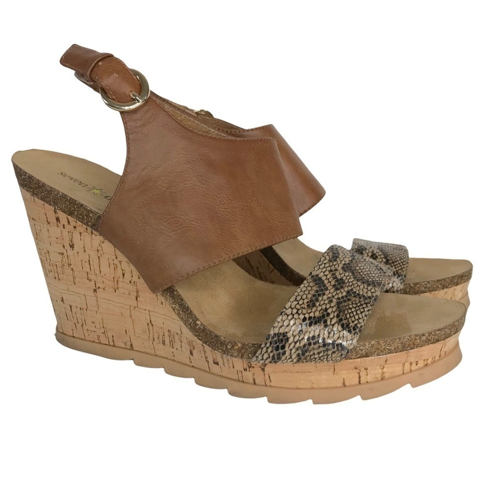 Seven Dials Snake Print Cork Wedge Sandals Strap Heels SIZE 10